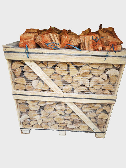 Kiln Dried Hardwood Logs – 1.3 m3 Crate with 10 Standard Kindling net bag