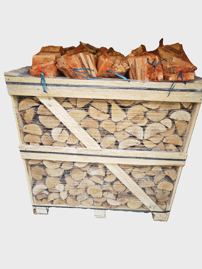 Kiln Dried Hardwood Logs – 1.3 m3 Crate with 10 Standard Kindling net bag